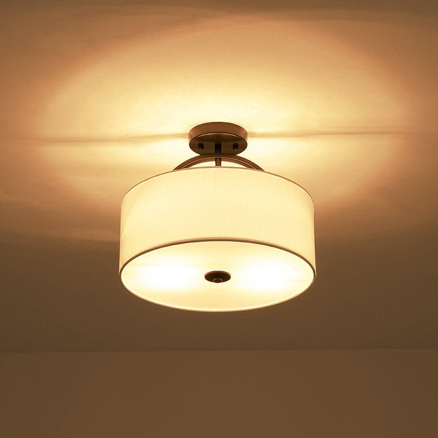 Farmhouze Light - 2 - Light Linen Drum Shade Semi Flush Ceiling Light - Ceiling Light - Black - 