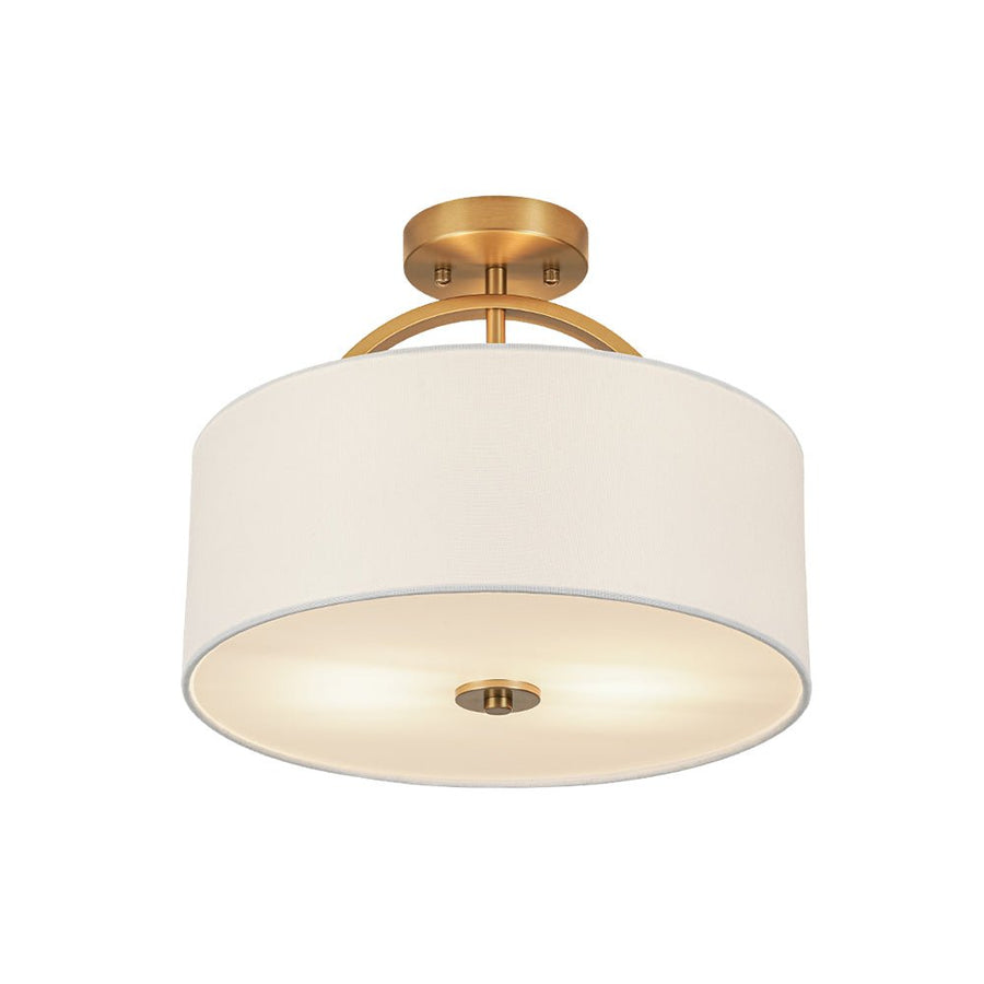 Farmhouze Light - 2 - Light Linen Drum Shade Semi Flush Ceiling Light - Ceiling Light - Brass - 