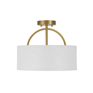 Farmhouze Light - 2 - Light Linen Drum Shade Semi Flush Ceiling Light - Ceiling Light - Brass - 