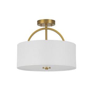 Farmhouze Light - 2 - Light Linen Drum Shade Semi Flush Ceiling Light - Ceiling Light - Brass - 