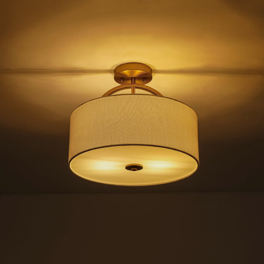 Farmhouze Light - 2 - Light Linen Drum Shade Semi Flush Ceiling Light - Ceiling Light - Brass - 