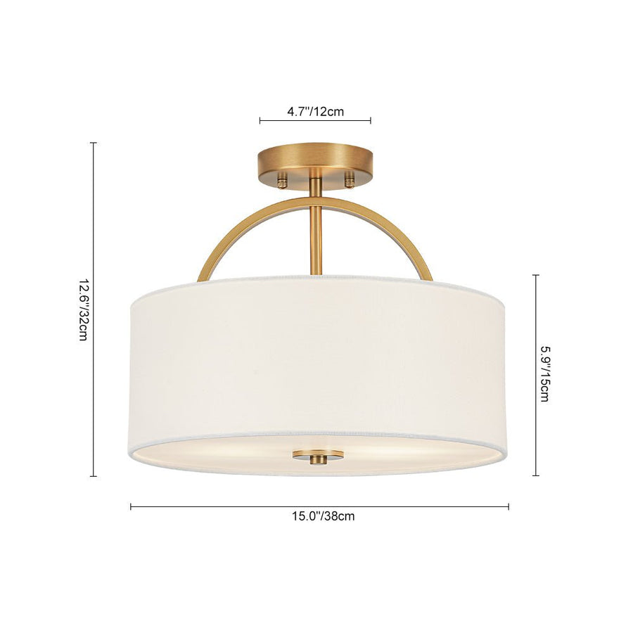 Farmhouze Light - 2 - Light Linen Drum Shade Semi Flush Ceiling Light - Ceiling Light - Brass - 