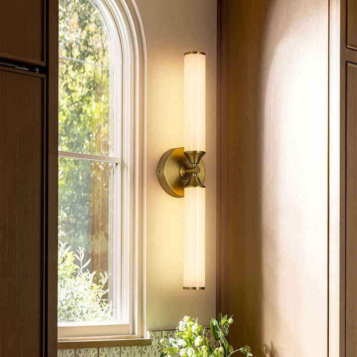 Farmhouze Light - 2 - Light White Reeded Glass Up Down Vanity Wall Lamp - Wall Sconce - Brass - 