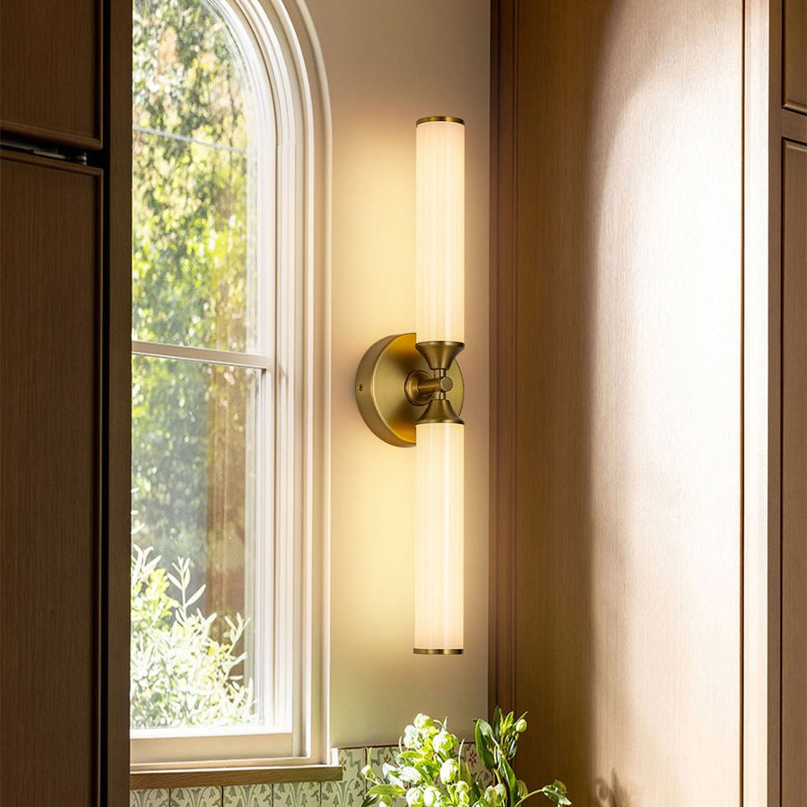 Farmhouze Light - 2 - Light White Reeded Glass Up Down Vanity Wall Lamp - Wall Sconce - Brass - 