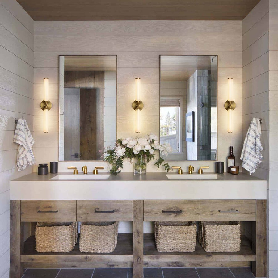 Farmhouze Light - 2 - Light White Reeded Glass Up Down Vanity Wall Lamp - Wall Sconce - Brass - 