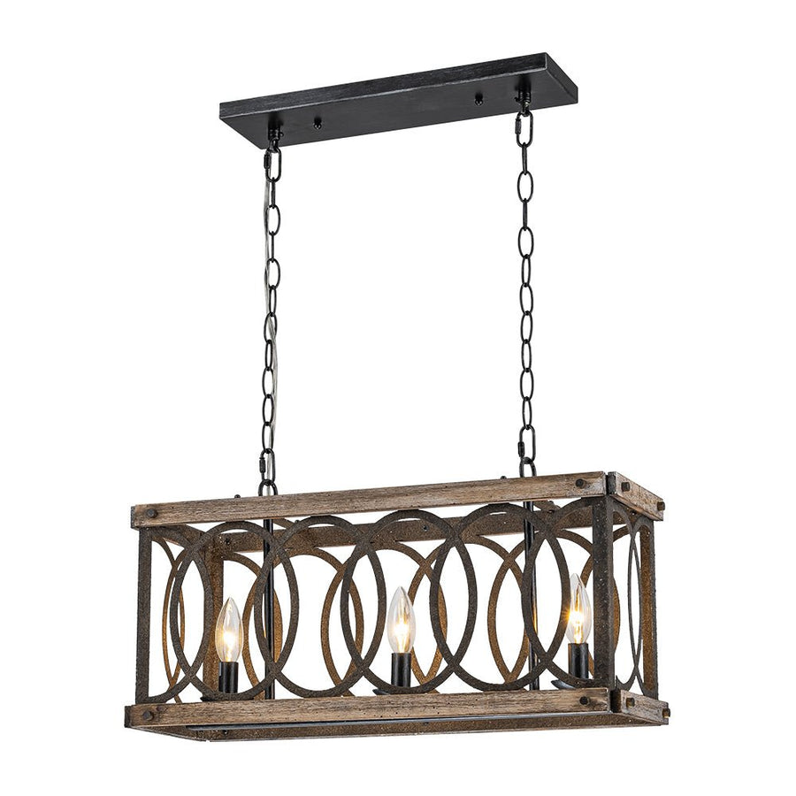 Farmhouze Light - 3 - Light Antique Wooden Rectangular Cage Island Pendant - Chandelier - Poplar - 