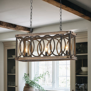 Farmhouze Light - 3 - Light Antique Wooden Rectangular Cage Island Pendant - Chandelier - Poplar - 