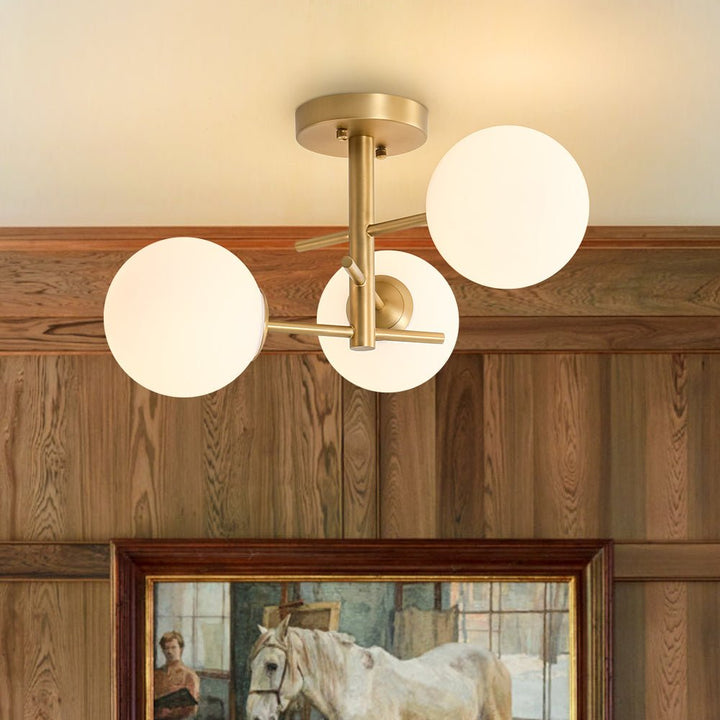 Farmhouze Light - 3 - Light Brass Opal Glass Globe Tiered Semi Flush Mount - Ceiling Light - 19.7 in - 