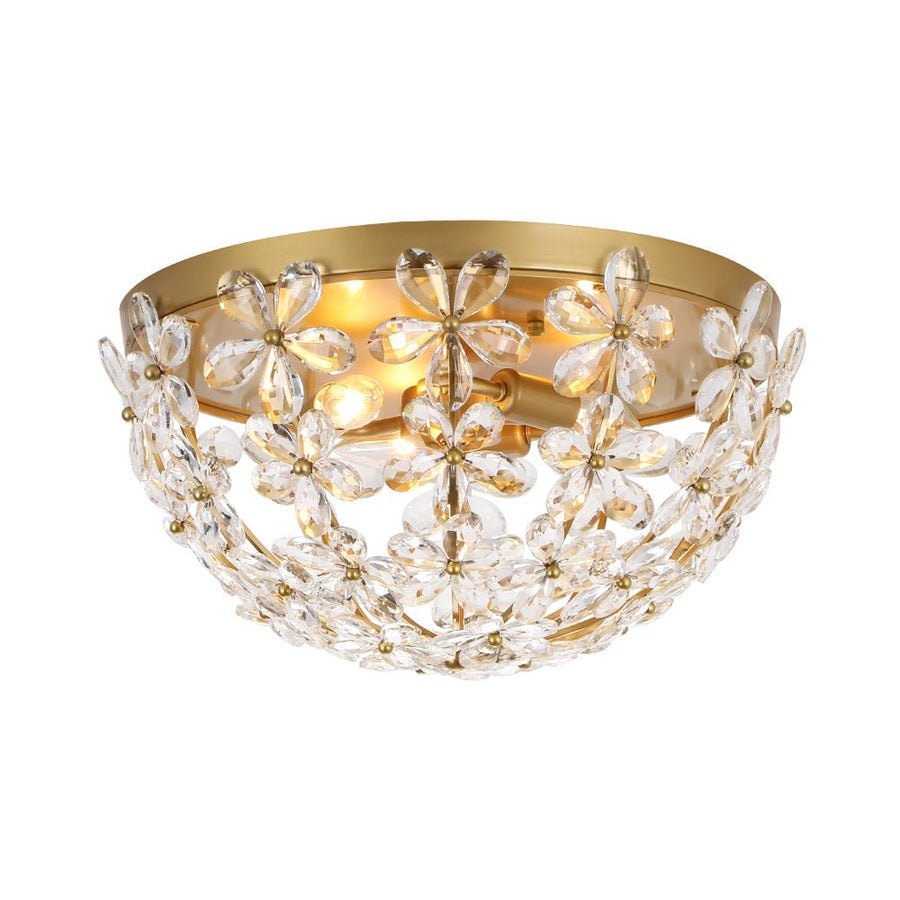 Farmhouze Light - 3 - Light Glam Gold Sparkle Crystal Flower Flush Mount Light - Chandelier - Brass - 