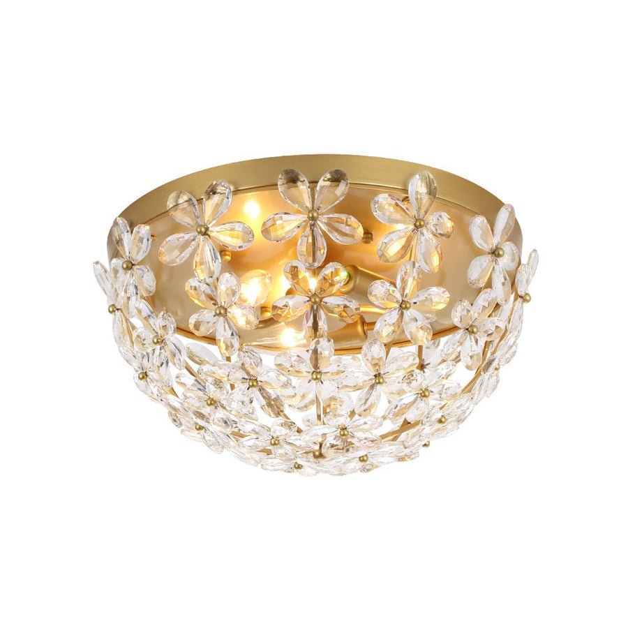 Farmhouze Light - 3 - Light Glam Gold Sparkle Crystal Flower Flush Mount Light - Chandelier - Brass - 