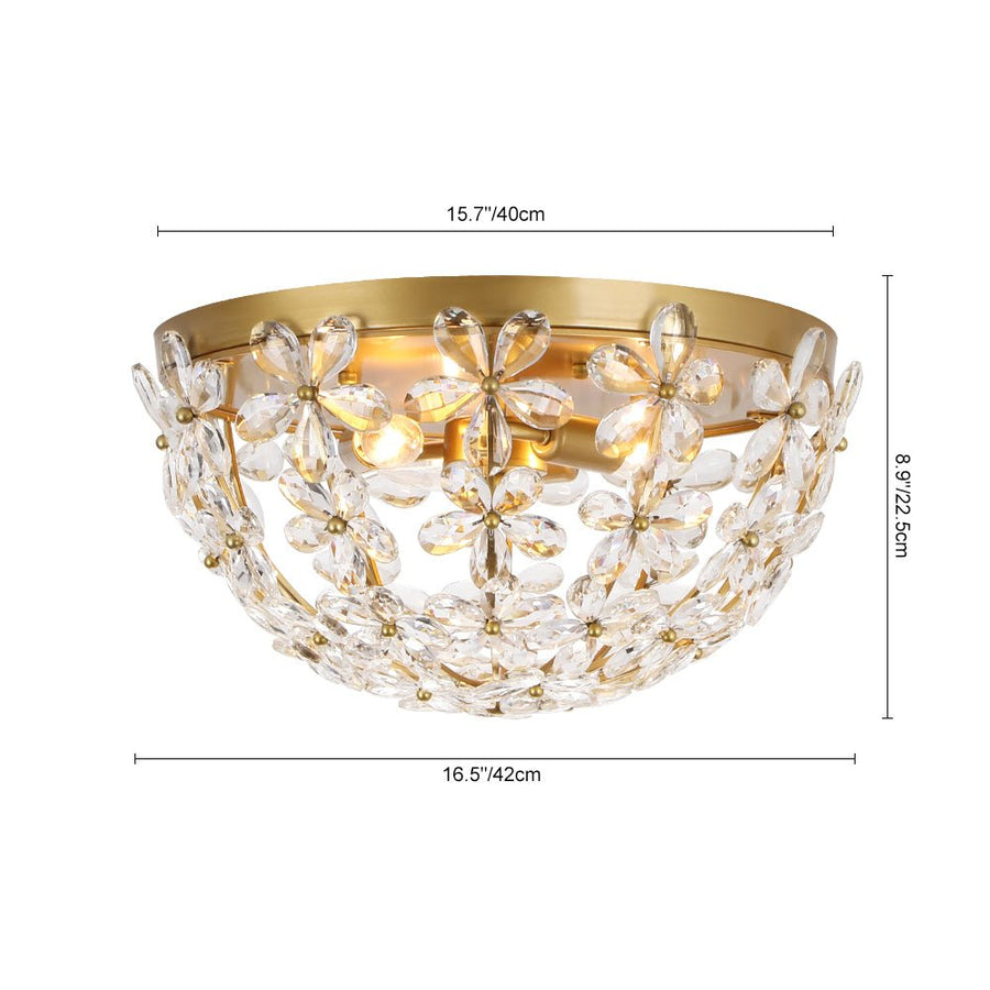 Farmhouze Light - 3 - Light Glam Gold Sparkle Crystal Flower Flush Mount Light - Chandelier - Brass - 