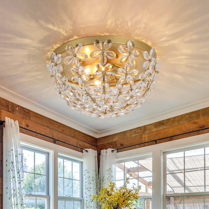 Farmhouze Light - 3 - Light Glam Gold Sparkle Crystal Flower Flush Mount Light - Chandelier - Brass - 
