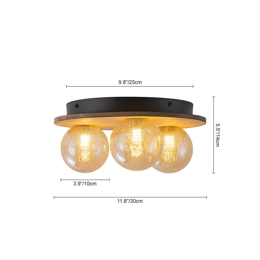 Farmhouze Light - 3 - light Rustic Wood Amber Glass Globe Round Semi Flush - Ceiling Light - 11.8 in - 