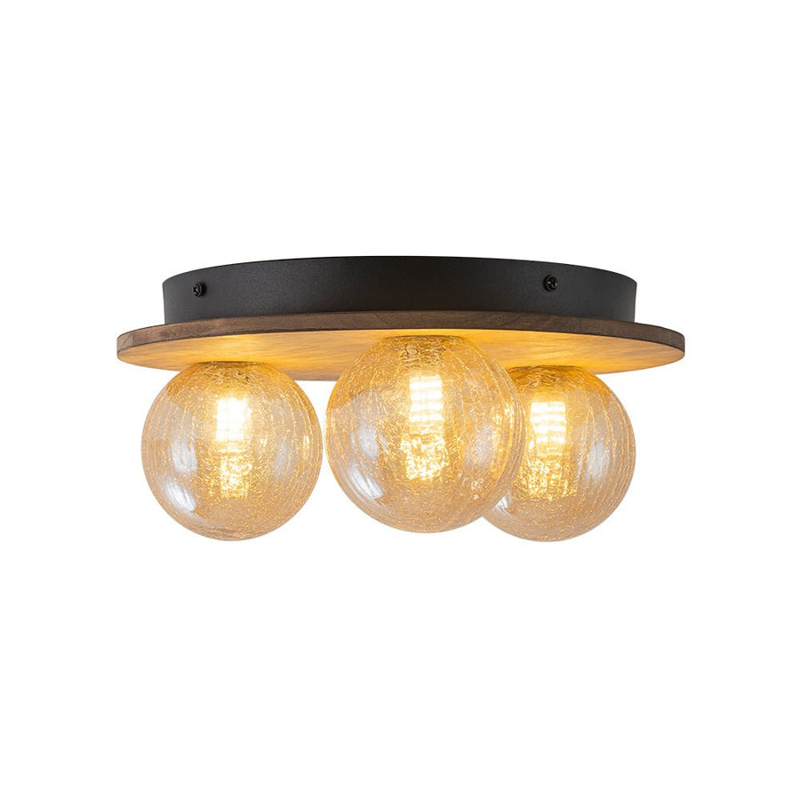 Farmhouze Light - 3 - light Rustic Wood Amber Glass Globe Round Semi Flush - Ceiling Light - 11.8 in - 