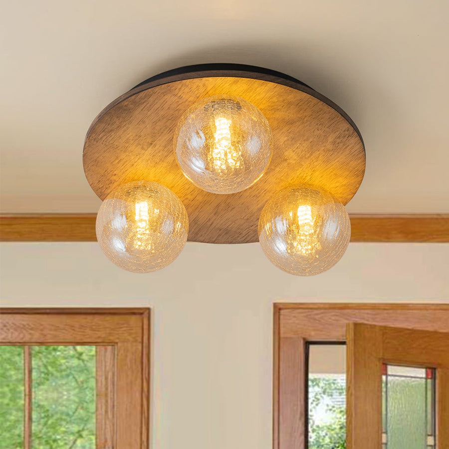 Farmhouze Light - 3 - light Rustic Wood Amber Glass Globe Round Semi Flush - Ceiling Light - 11.8 in - 