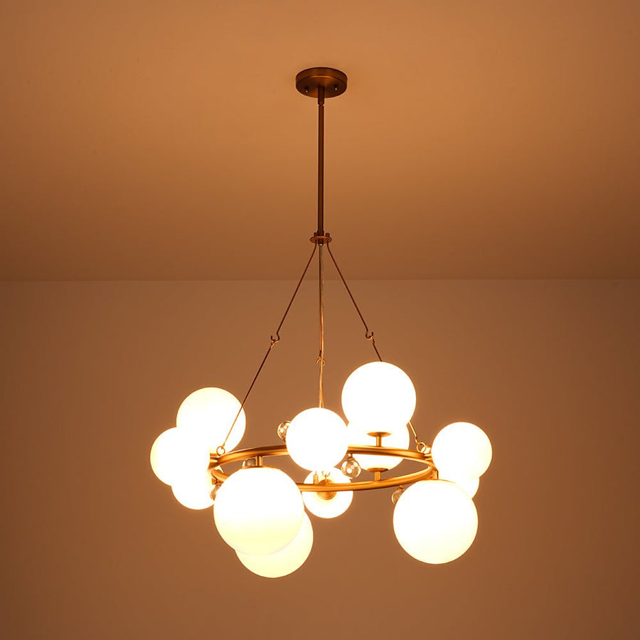 Farmhouze Light - 33.2” Modern Milky Glass Globe Wagon Wheel Chandelier - Chandelier - Brass - 
