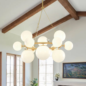 Farmhouze Light - 33.2” Modern Milky Glass Globe Wagon Wheel Chandelier - Chandelier - Brass - 