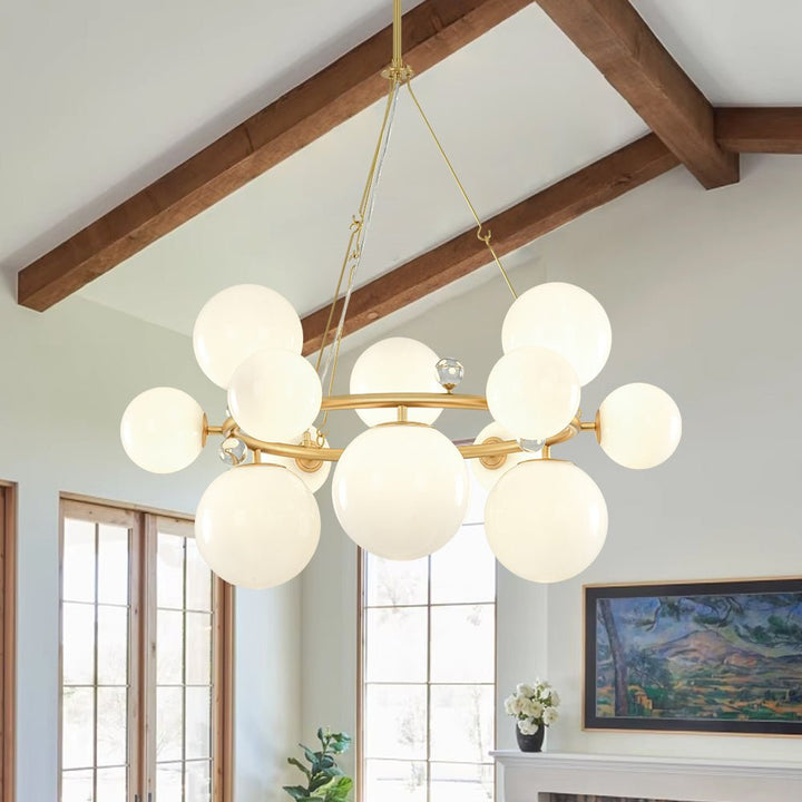 Farmhouze Light - 33.2” Modern Milky Glass Globe Wagon Wheel Chandelier - Chandelier - Brass - 