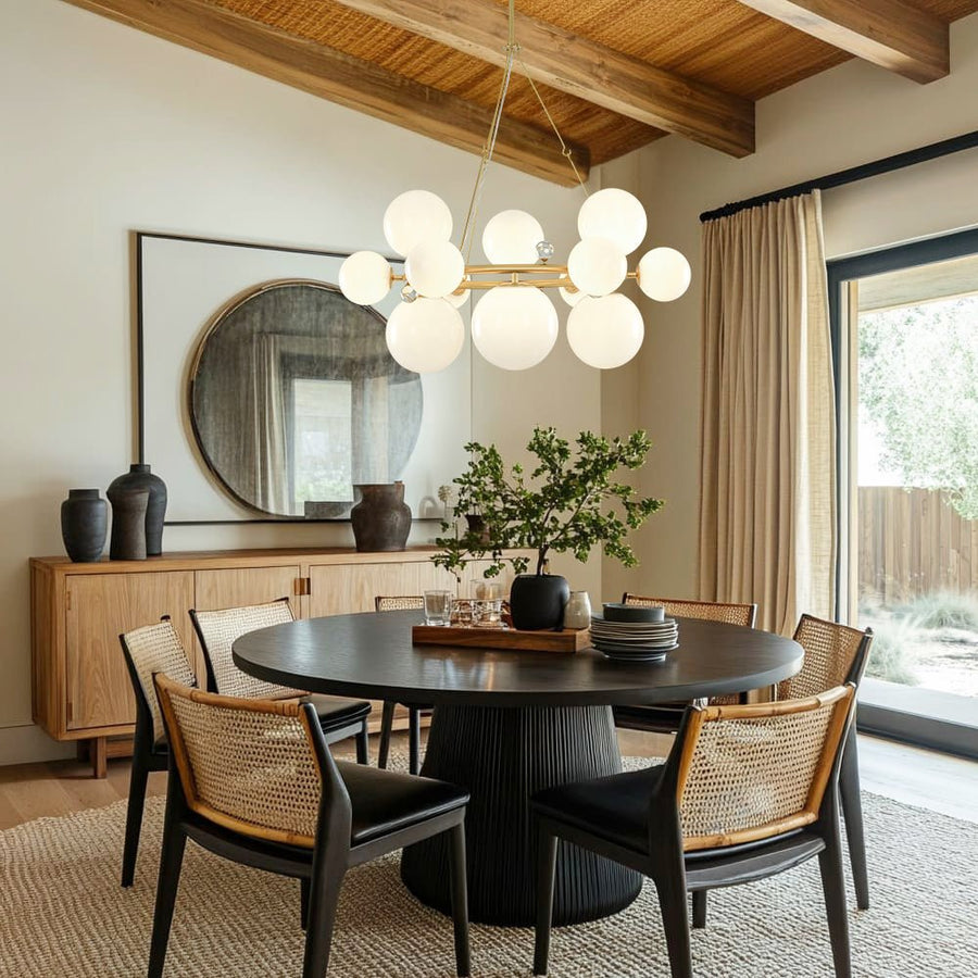 Farmhouze Light - 33.2” Modern Milky Glass Globe Wagon Wheel Chandelier - Chandelier - Brass - 