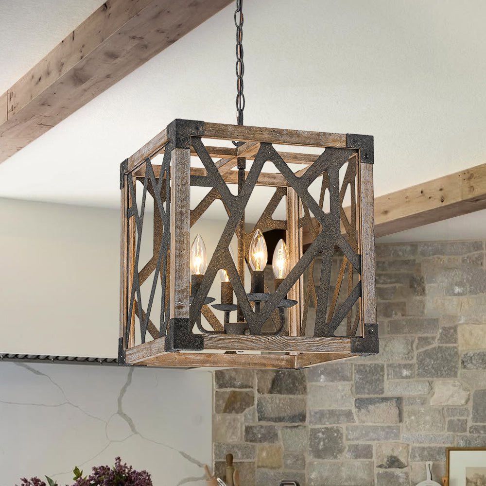 4-Light Candle Aged Wooden Square Lantern Pendant Farmhouze Light