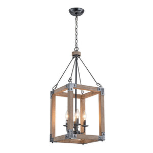 Farmhouze Light - 4 - Light Distressed Wood Square Lantern Pendant Light - Chandelier - Poplar - 