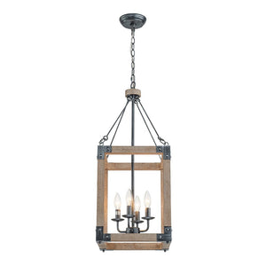 Farmhouze Light - 4 - Light Distressed Wood Square Lantern Pendant Light - Chandelier - Poplar - 