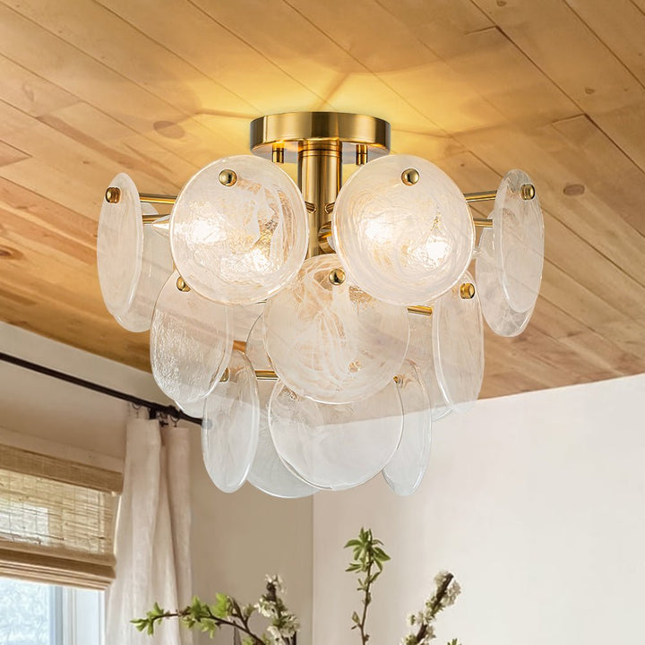 Farmhouze Light - 4 - Light Layer White Textured Glass Semi Flush Ceiling Light - Ceiling Light - Brass - 