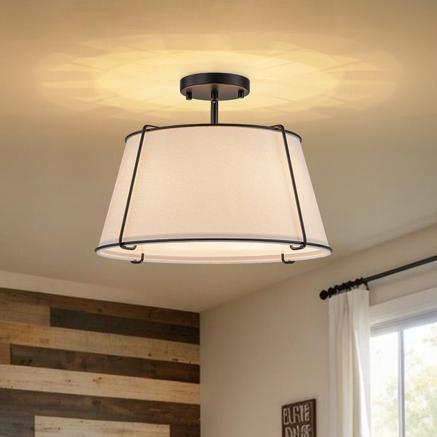 Farmhouze Light - 4 - Light Linen Drum Semi Flush Ceiling Light - Ceiling Light - Black - 