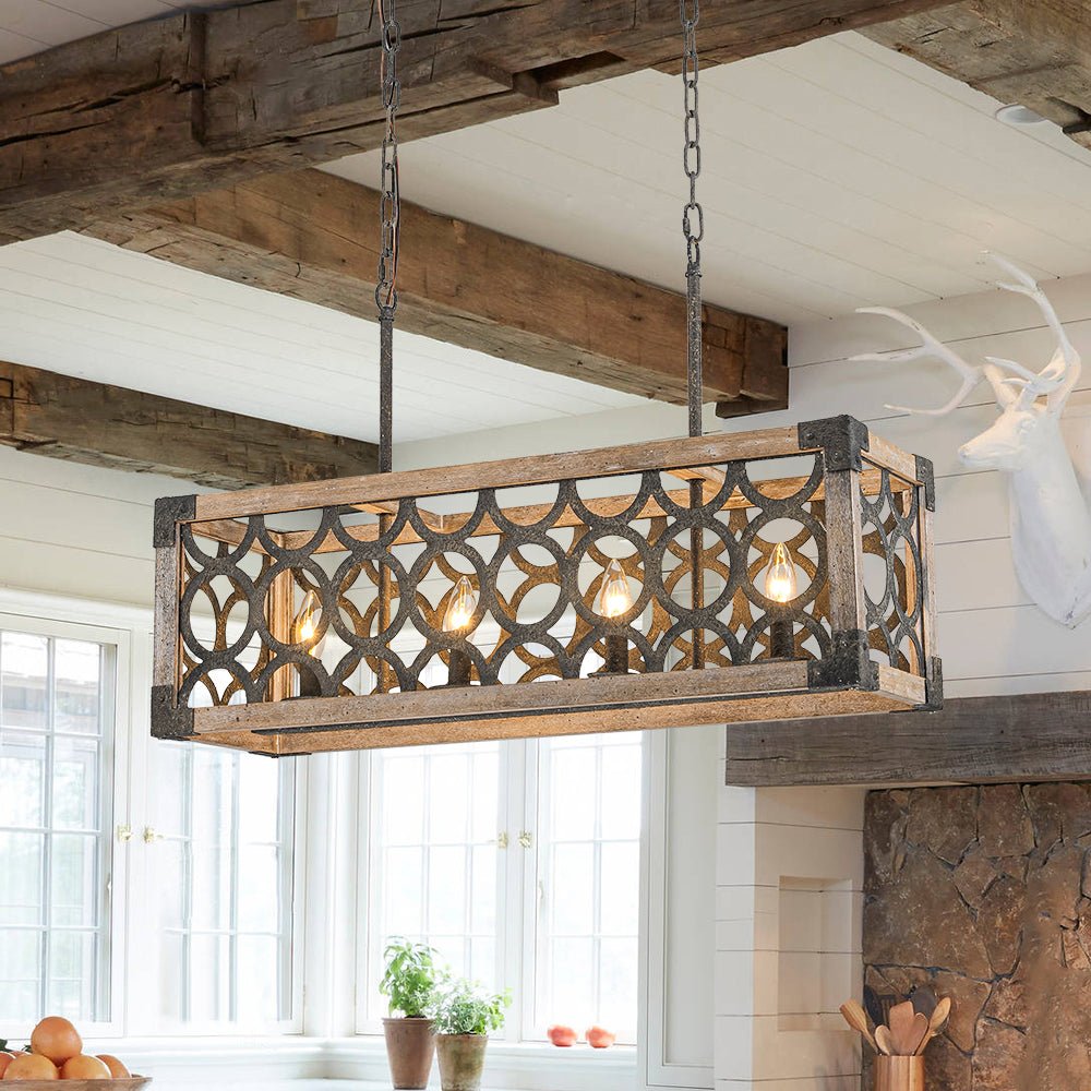 4-Light Rustic Wood Rectangular Cage Island Chandelier Farmhouze Light