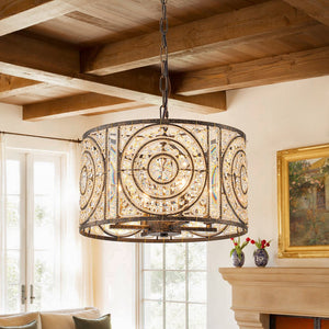 Farmhouze Light - 4 - Light Vintage Glam Crystal Drum Lantern Pendant - Chandelier - Small - 