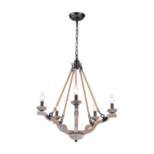 Farmhouze Light - 5 - Light Antique Wood Hemp Rope Candle Style Chandelier - Chandelier - Poplar+Hemp Rope - 