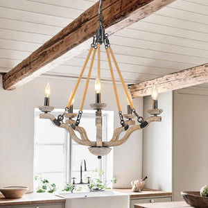 Farmhouze Light - 5 - Light Antique Wood Hemp Rope Candle Style Chandelier - Chandelier - Poplar+Hemp Rope - 