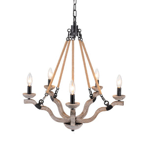 Farmhouze Light - 5 - Light Antique Wood Hemp Rope Candle Style Chandelier - Chandelier - Poplar+Hemp Rope - 