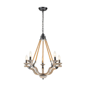 Farmhouze Light - 5 - Light Antique Wood Hemp Rope Candle Style Chandelier - Chandelier - Poplar+Hemp Rope - 