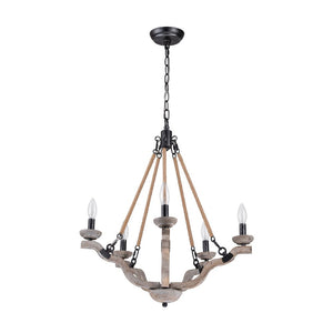 Farmhouze Light - 5 - Light Antique Wood Hemp Rope Candle Style Chandelier - Chandelier - Poplar+Hemp Rope - 