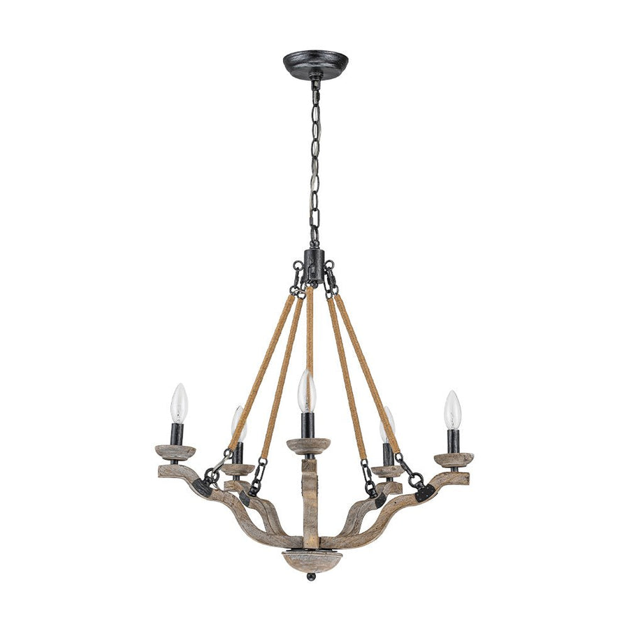 Farmhouze Light - 5 - Light Antique Wood Hemp Rope Candle Style Chandelier - Chandelier - Poplar+Hemp Rope - 