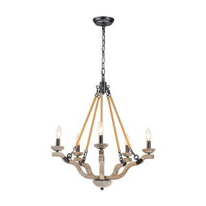 Farmhouze Light - 5 - Light Antique Wood Hemp Rope Candle Style Chandelier - Chandelier - Poplar+Hemp Rope - 