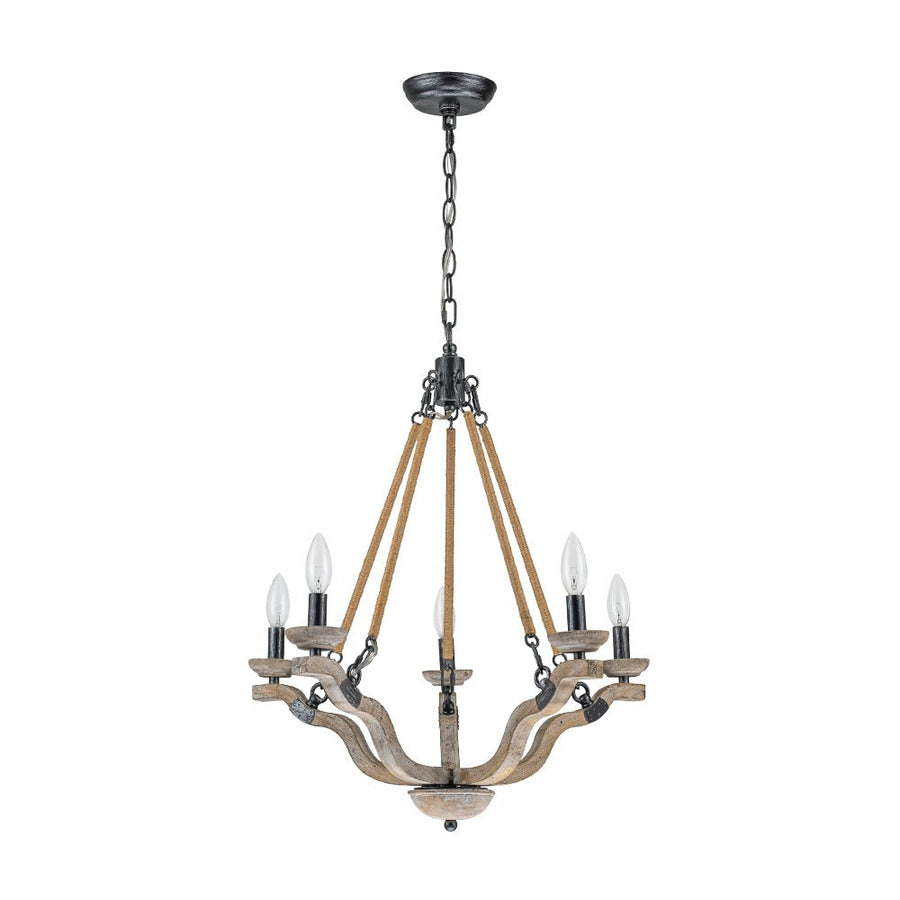 Farmhouze Light - 5 - Light Antique Wood Hemp Rope Candle Style Chandelier - Chandelier - Poplar+Hemp Rope - 