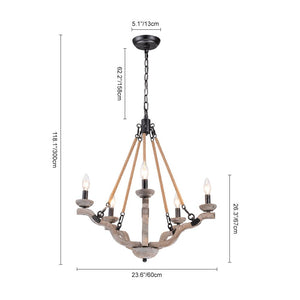 Farmhouze Light - 5 - Light Antique Wood Hemp Rope Candle Style Chandelier - Chandelier - Poplar+Hemp Rope - 