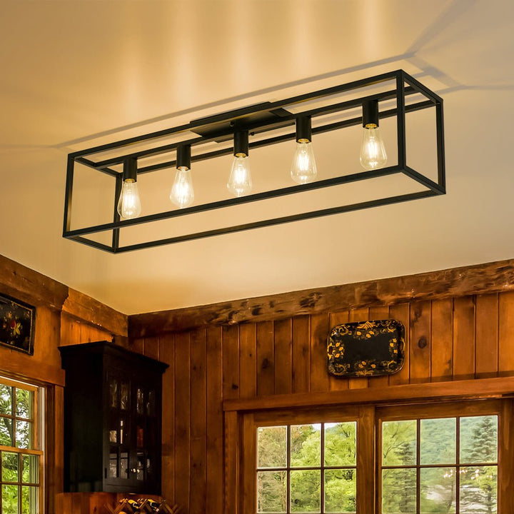 Farmhouze Light - 5 - Light Black Rectangular Cage Flush Mount Ceiling Light - Ceiling Light - 5 Bulbs - 