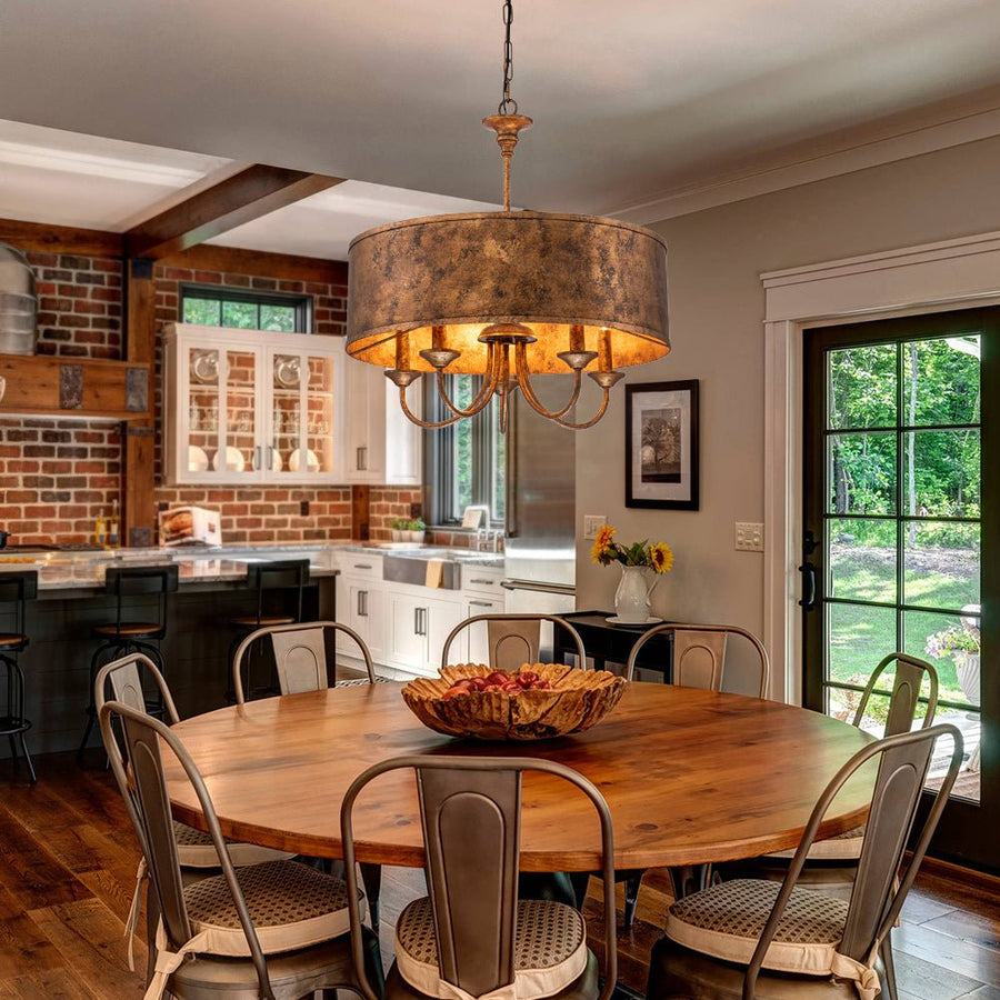 5-Light Candle Style Rust Iron Drum Pendant Light Farmhouze Light