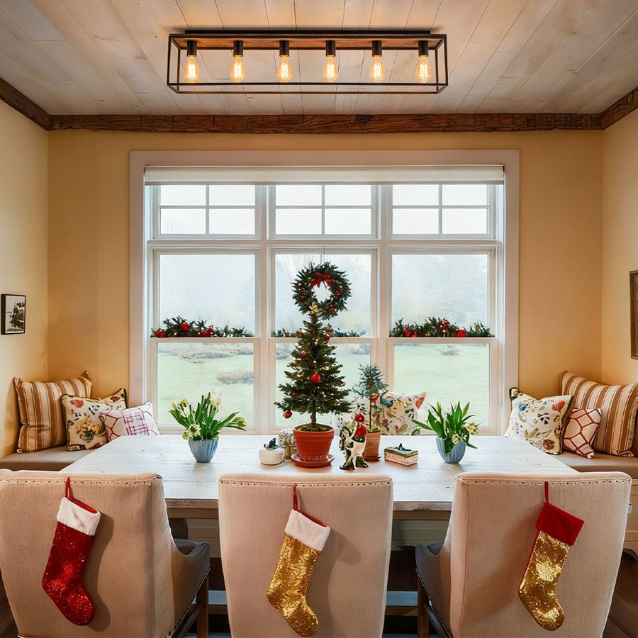 Farmhouze Light - 5 - Light Rectangular Cage Flush Mount Ceiling Light - Ceiling Light - 6 Bullbs - 