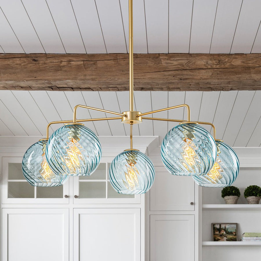 Farmhouze Light - 5 - Light Swirled Glass Globe Bubble Round Sputnik Chandelier - Chandelier - Blue Glass - 