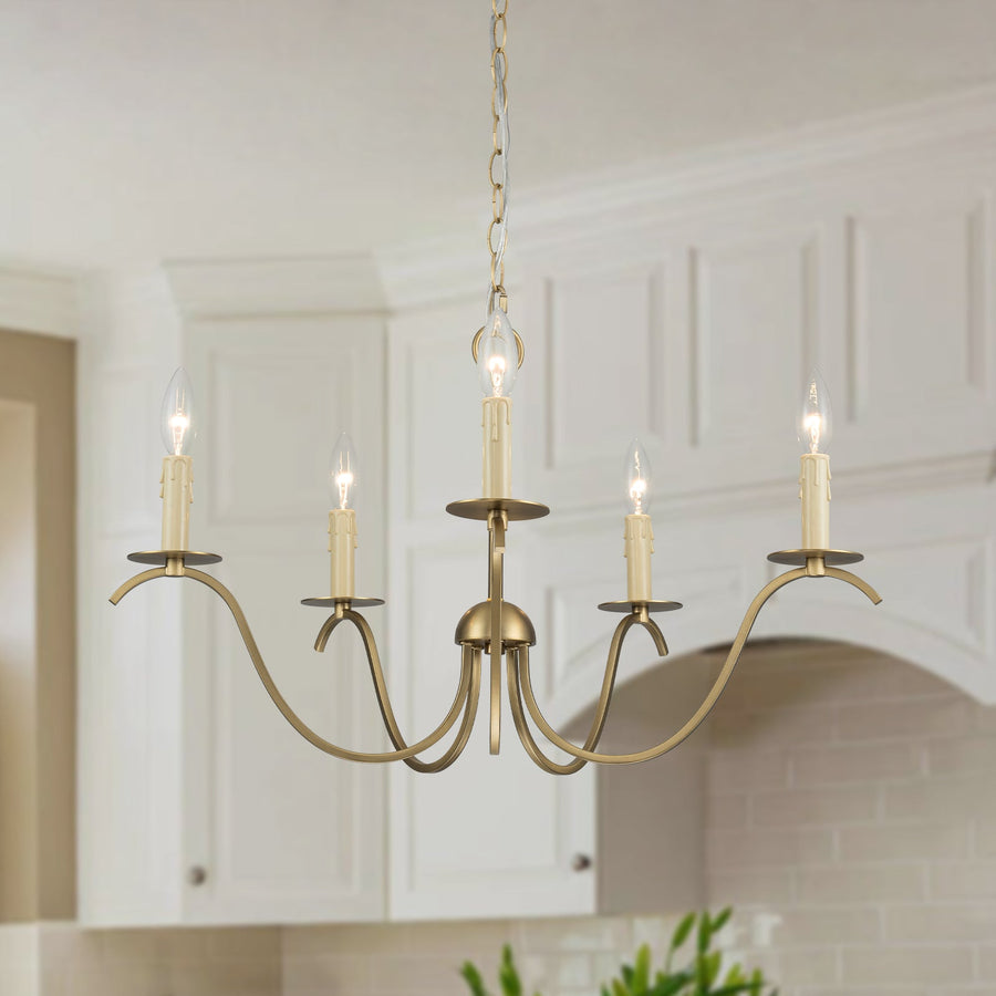 Farmhouze Light - 5 - Light Vintage Elegant Simple Candle Style Chandelier - Chandelier - Brass - 