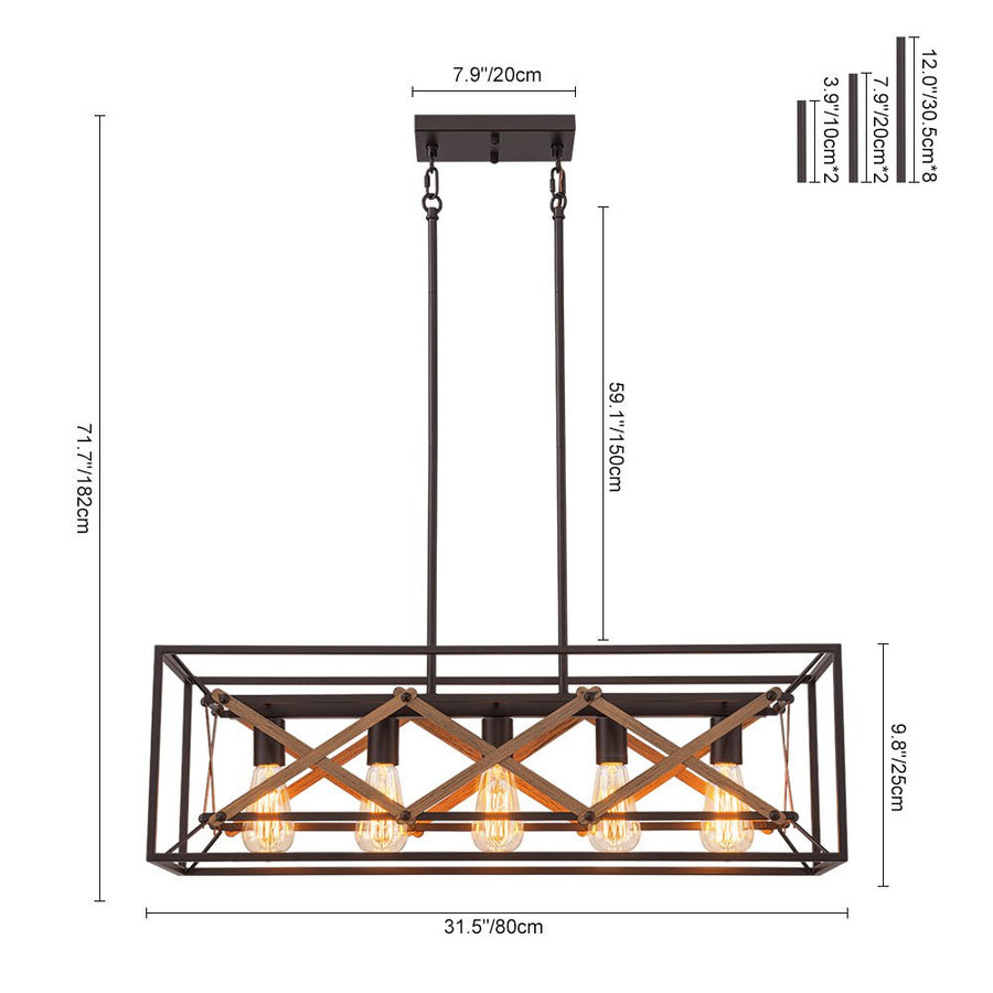 Farmhouze Light - 5 - Light Vintage Rustic Rectangle Kitchen Island Pendant - Chandelier - 5 - Light - 