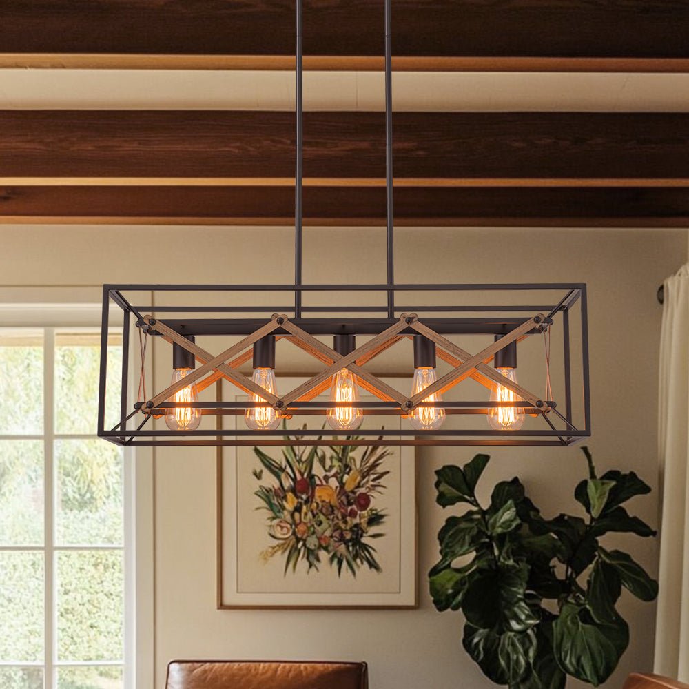 Linear Rustc Rustic Wooden Chandelier 5-Light Farmhouse Pendant Light - Rustic Wood ...