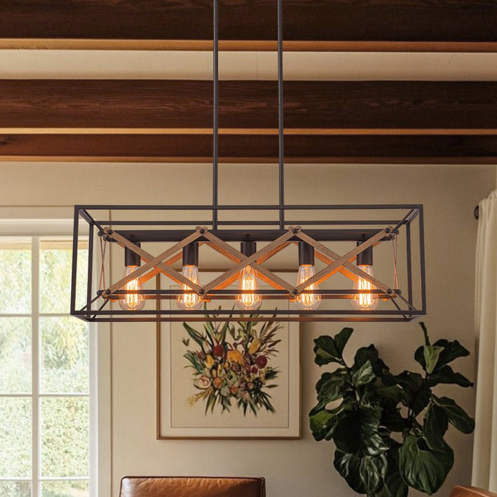 Farmhouze Light - 5 - Light Vintage Rustic Rectangle Kitchen Island Pendant - Chandelier - 5 - Light - 