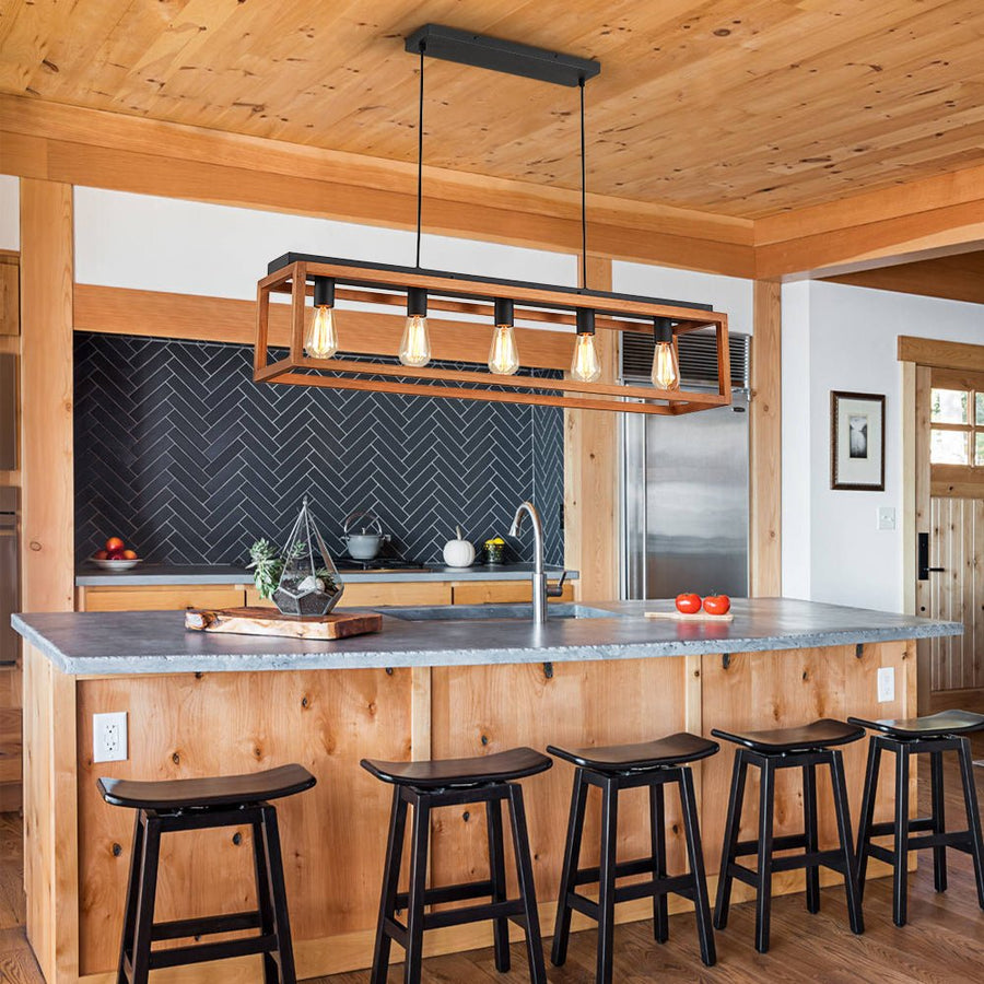 Farmhouze Light - 5 - light Wood Rectangle Cage Island Chandelier / Semi Flush Mount - Ceiling Light - 39.4 in. - 