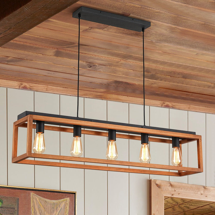 Farmhouze Light - 5 - light Wood Rectangle Cage Island Chandelier / Semi Flush Mount - Ceiling Light - 39.4 in. - 