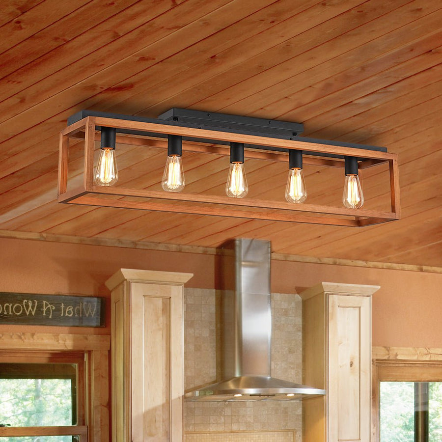 Farmhouze Light - 5 - light Wood Rectangle Cage Island Chandelier / Semi Flush Mount - Ceiling Light - 39.4 in. - 